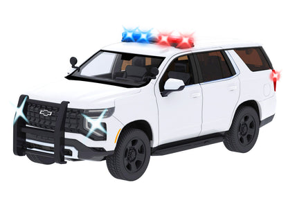 2025 Chevrolet Tahoe PPV White "Builder's Kit" with Flashing Light Bar and Front and Rear Lights and Sounds 1/24 Diecast Model Car