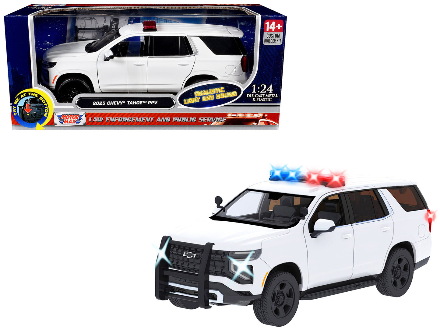 2025 Chevrolet Tahoe PPV White "Builder's Kit" with Flashing Light Bar and Front and Rear Lights and Sounds 1/24 Diecast Model Car