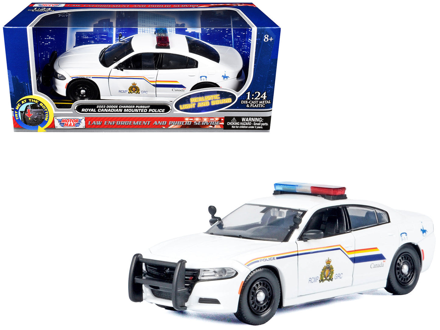 2023 Dodge Charger Pursuit Police Car "Royal Canadian Mounted Police (RCMP)" White with Flashing Light Bar and Front and Rear Lights and Sound 1/24 Diecast Model Car