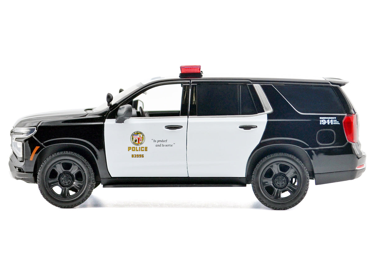 2025 Chevrolet Tahoe PPV "LAPD (Los Angeles Police Department)" Black and White with Flashing Light Bar and Front and Rear Lights and Sounds 1/24 Diecast Model Car