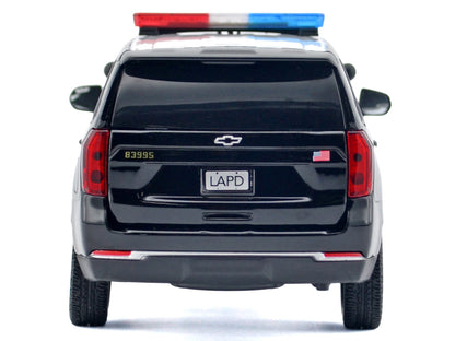 2025 Chevrolet Tahoe PPV "LAPD (Los Angeles Police Department)" Black and White with Flashing Light Bar and Front and Rear Lights and Sounds 1/24 Diecast Model Car