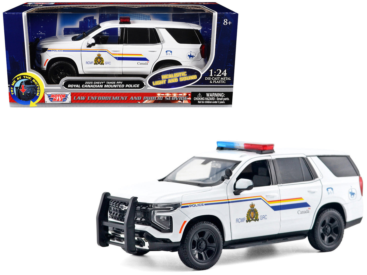 2025 Chevrolet Tahoe PPV "RCMP (Royal Canadian Mounted Police)" White with Stripes with Flashing Light Bar and Front and Rear Lights and Sounds 1/24 Diecast Model Car