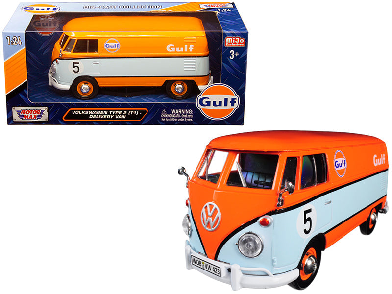 Volkswagen Type 2 (T1) Delivery Van #5 "Gulf" Orange and Light Blue 1/24 Diecast Model Car