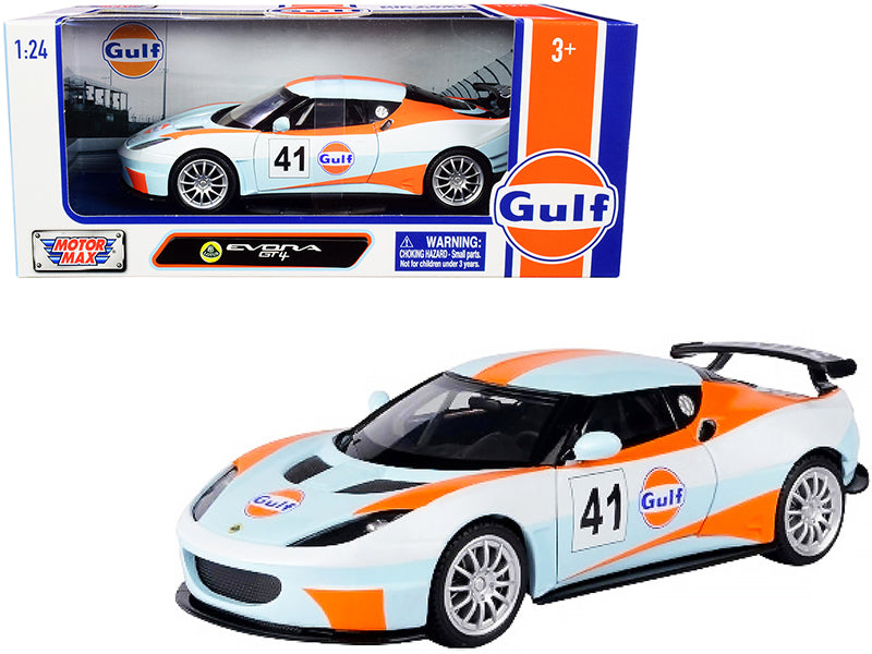 Lotus Evora GT4 #41 "Gulf Oil" Light Blue with White and Orange Stripes 1/24 Diecast Model Car