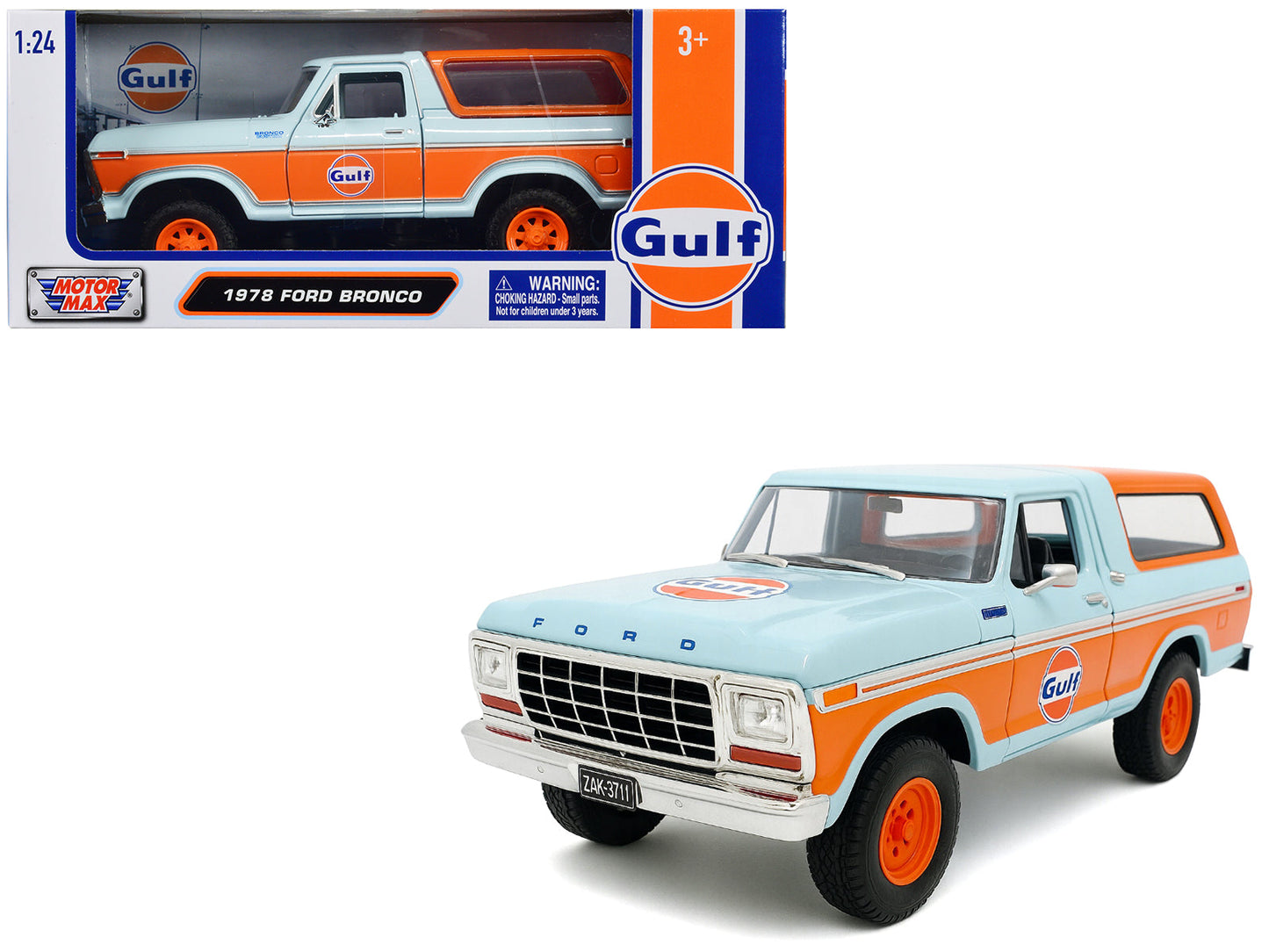 1978 Ford Bronco Light Blue and Orange "Gulf Oil" "Gulf Die-Cast Collection" 1/24 Diecast Model Car