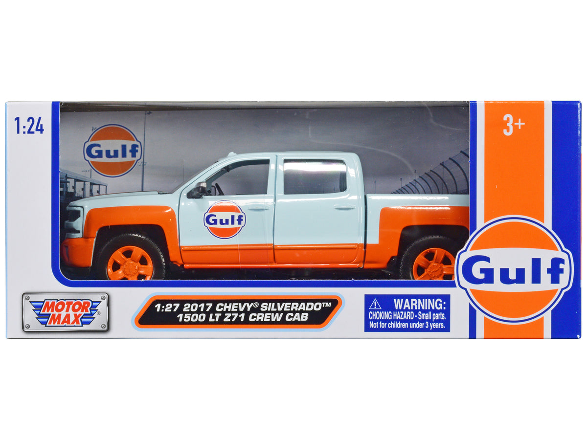 2017 Chevrolet Silverado 1500 LT Z71 Crew Cab Pickup Truck Light Blue with Orange Stripes "Gulf Oil" "Gulf Die-Cast Collection" 1/24-1/27 Diecast Model Car