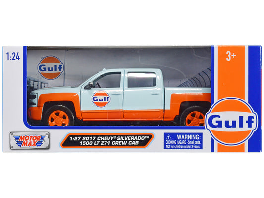 2017 Chevrolet Silverado 1500 LT Z71 Crew Cab Pickup Truck Light Blue with Orange Stripes "Gulf Oil" "Gulf Die-Cast Collection" 1/24-1/27 Diecast Model Car