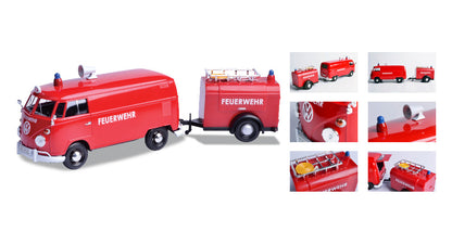 Volkswagen Type 2 (T1) Fire Van with Fire Fighting Trailer "Feuerwehr" Red 1/24 Diecast Model Car