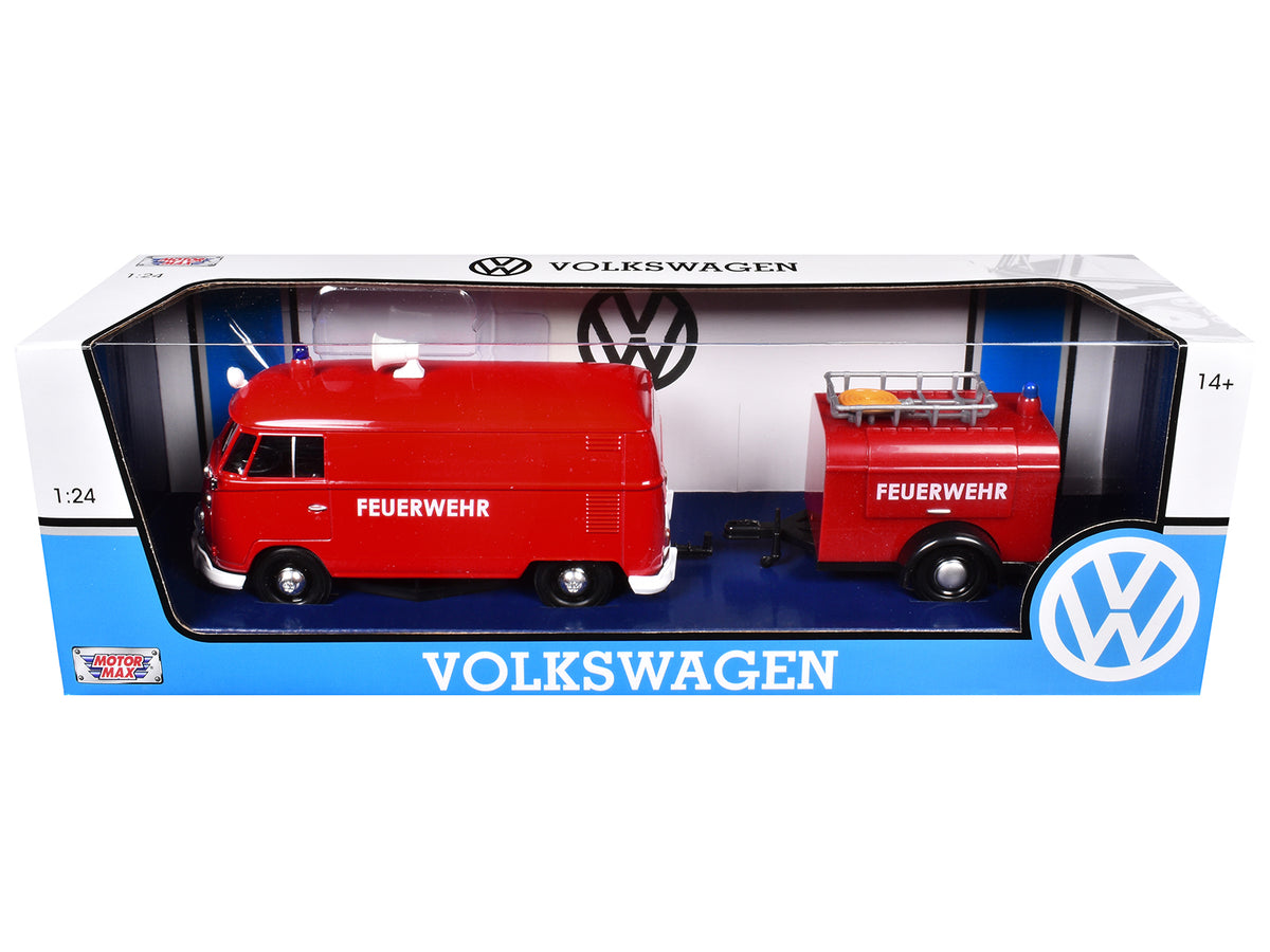 Volkswagen Type 2 (T1) Fire Van with Fire Fighting Trailer "Feuerwehr" Red 1/24 Diecast Model Car