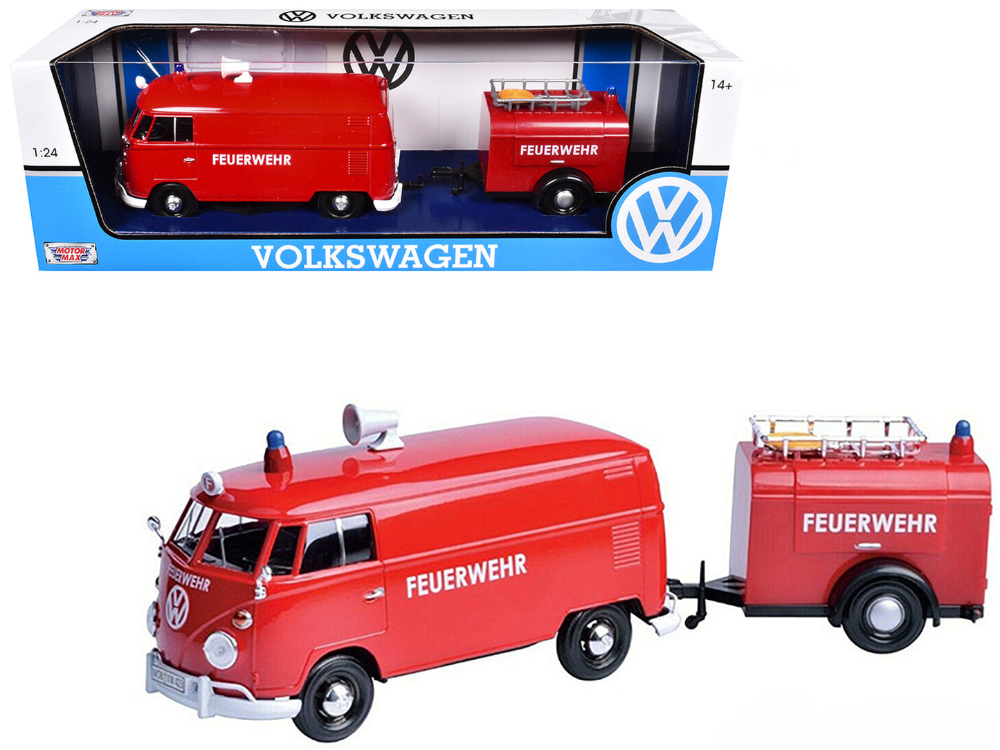 Volkswagen Type 2 (T1) Fire Van with Fire Fighting Trailer "Feuerwehr" Red 1/24 Diecast Model Car