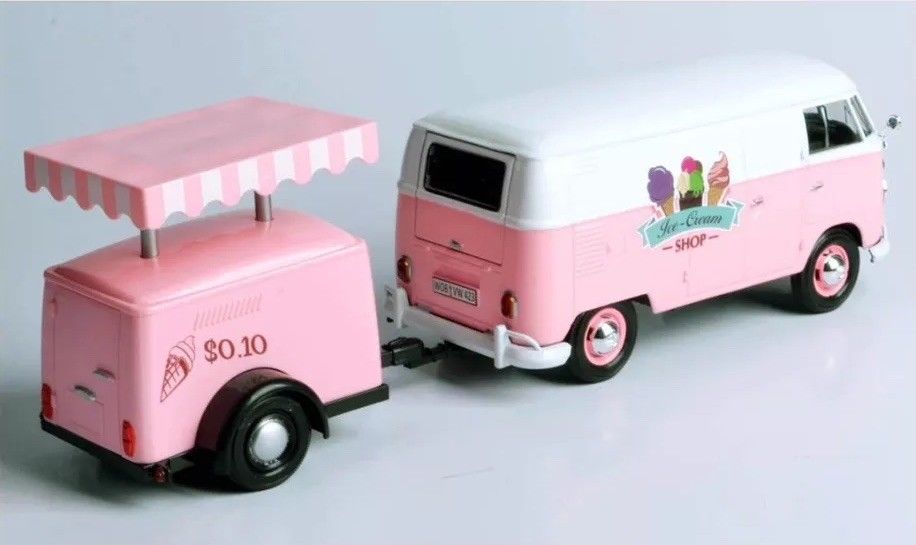 Volkswagen T1 Delivery Van with Ice-Cream Trailer Pink and White "Ice-Cream Shop" 1/24 Diecast Model Car