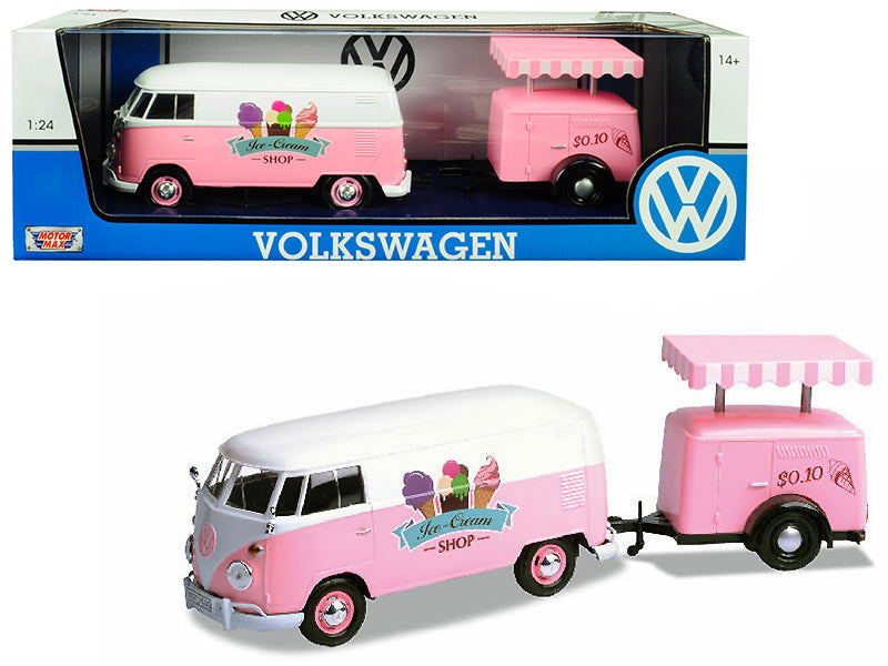 Volkswagen T1 Delivery Van with Ice-Cream Trailer Pink and White "Ice-Cream Shop" 1/24 Diecast Model Car