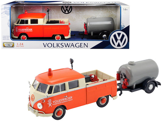 Volkswagen Type 2 (T1) Pickup Truck Orange and Cream with Oil Trailer "Road Service" 1/24 Diecast Model Car