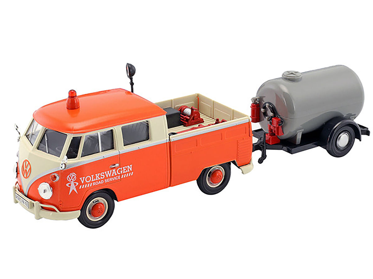 Volkswagen Type 2 (T1) Pickup Truck Orange and Cream with Oil Trailer "Road Service" 1/24 Diecast Model Car