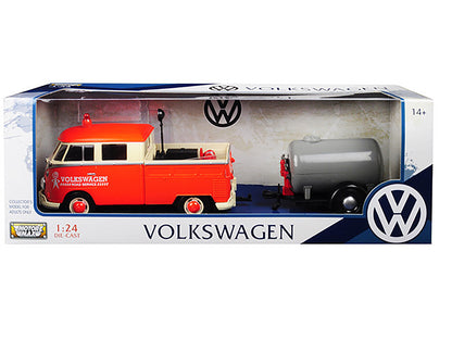 Volkswagen Type 2 (T1) Pickup Truck Orange and Cream with Oil Trailer "Road Service" 1/24 Diecast Model Car