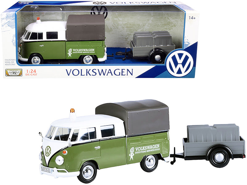 Volkswagen T1 Pickup with Canopy Green and White with Trailer "Road Service" 1/24 Diecast Model Car