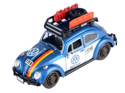 1966 Volkswagen Beetle Off Road #1718 Blue Metallic and White with German Flag Stripes and Roof Rack Accessories 1/24 Diecast Model Car