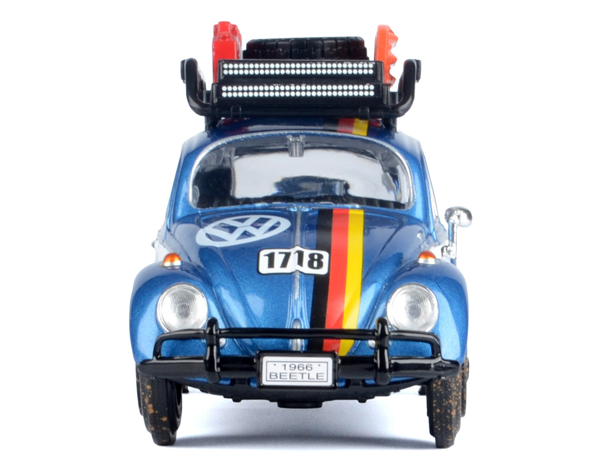 1966 Volkswagen Beetle Off Road #1718 Blue Metallic and White with German Flag Stripes and Roof Rack Accessories 1/24 Diecast Model Car