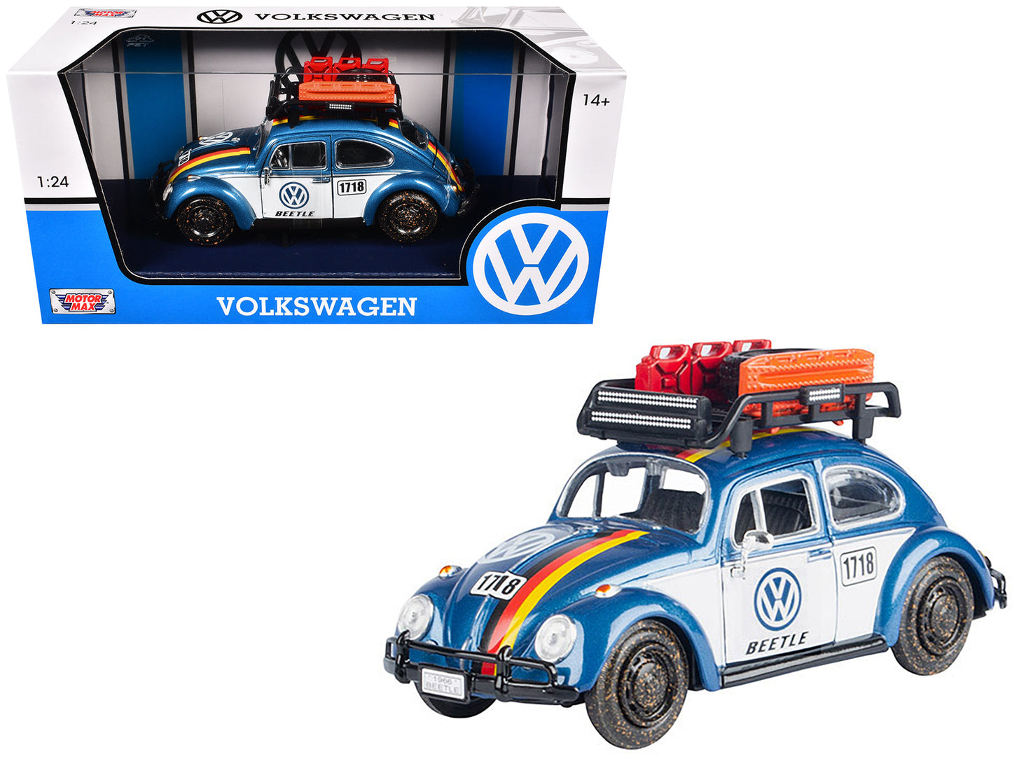 1966 Volkswagen Beetle Off Road #1718 Blue Metallic and White with German Flag Stripes and Roof Rack Accessories 1/24 Diecast Model Car