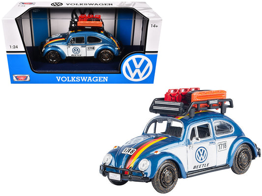 1966 Volkswagen Beetle Off Road #1718 Blue Metallic and White with German Flag Stripes and Roof Rack Accessories 1/24 Diecast Model Car