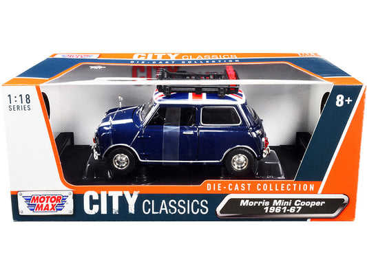 1961-1967 Morris Mini Cooper RHD (Right Hand Drive) Dark Blue with British Flag on the Top and Roof Rack "City Classics" Series 1/18 Diecast Model Car