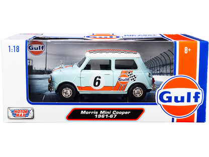 1961-1967 Morris Mini Cooper RHD (Right Hand Drive) #6 "Gulf Oil" Light Blue with Orange Stripes and Checkered Top "City Classics" Series 1/18 Diecast Model Car