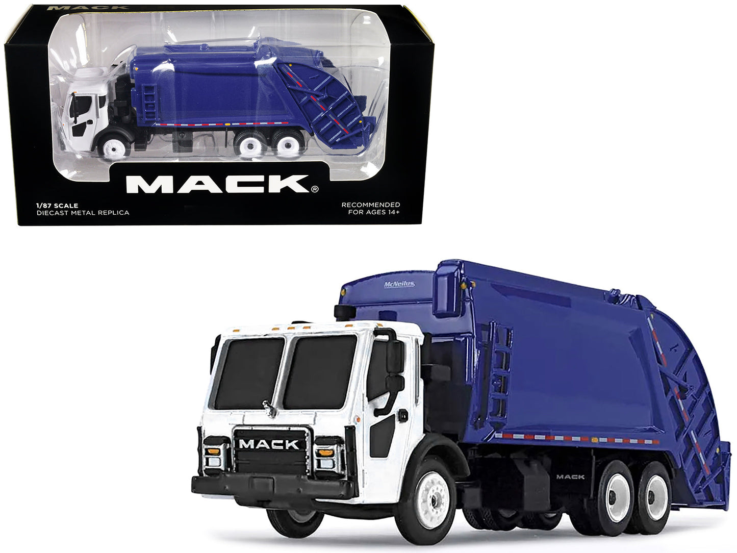 Mack LR with McNeilus Rear Load Refuse Body Blue and White 1/87 (HO) Diecast Model