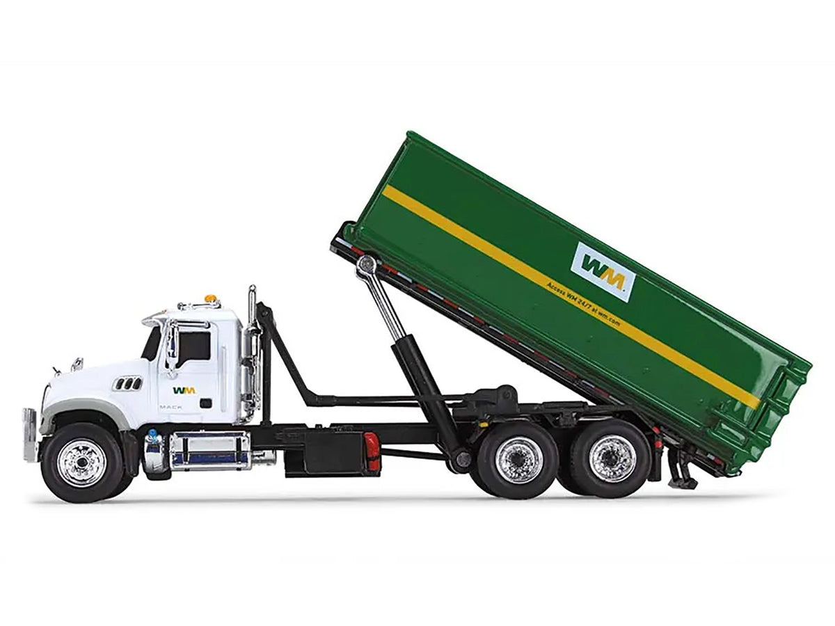 Mack Granite MP Refuse Garbage Truck with Tub-Style Roll-Off Container "Waste Management" White and Green 1/87 (HO) Diecast Model
