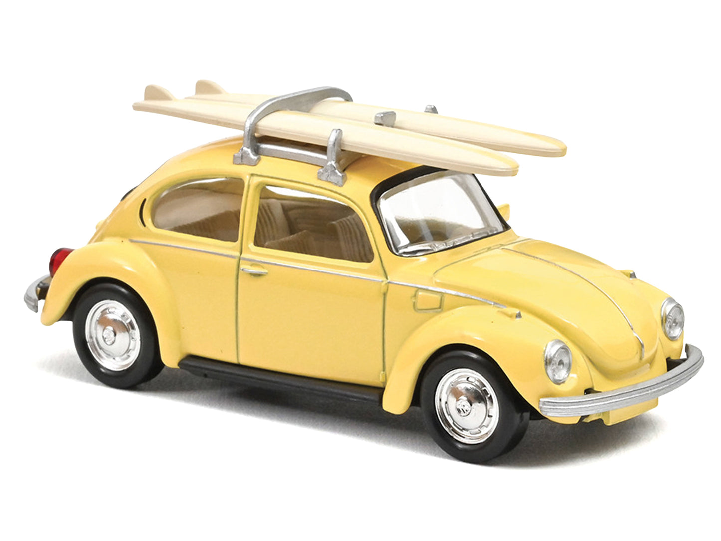 1973 Volkswagen Beetle 1303 Pastel Yellow with Roof Rack and 2 Surfboards 1/43 Diecast Model Car