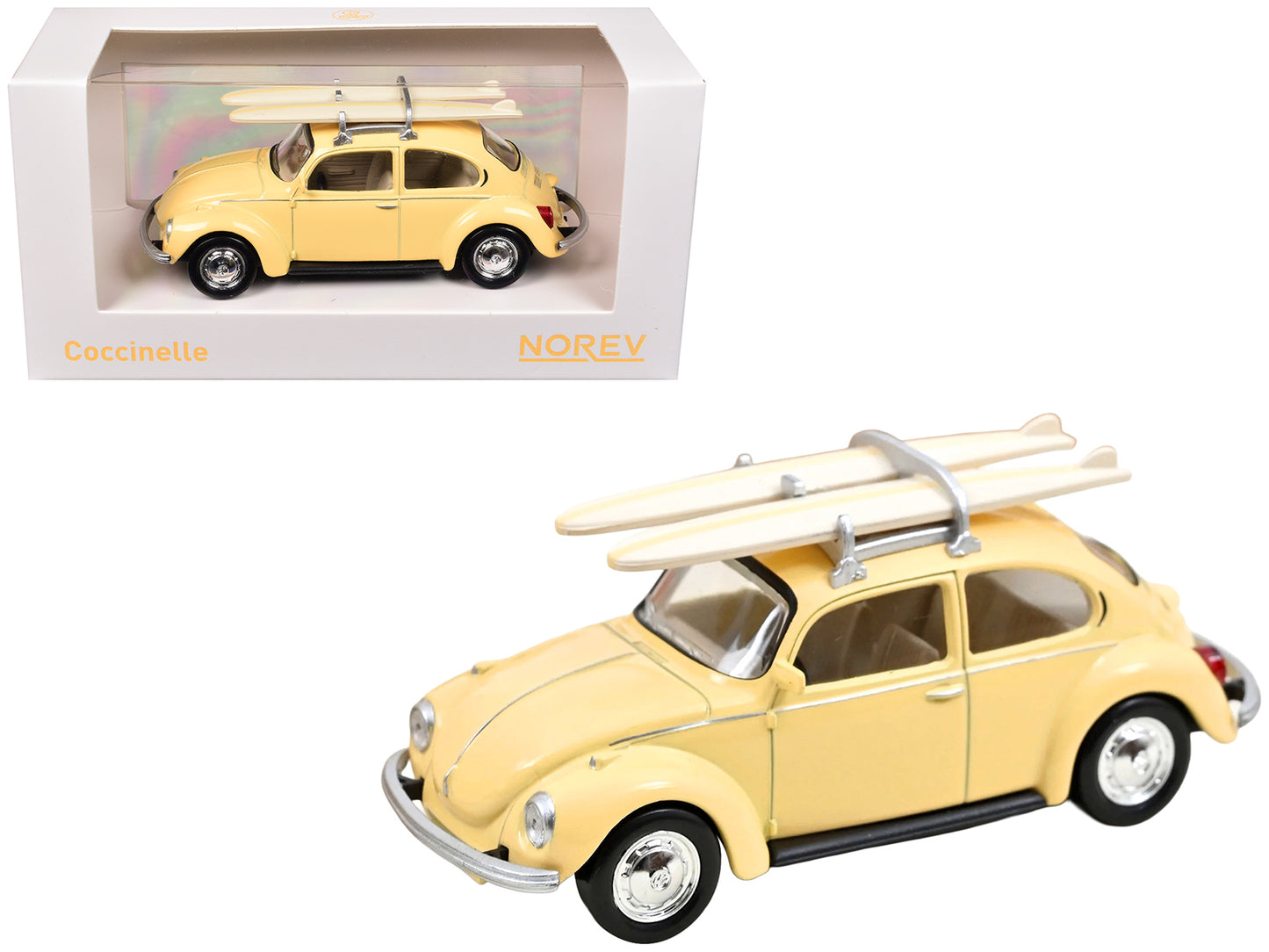 1973 Volkswagen Beetle 1303 Pastel Yellow with Roof Rack and 2 Surfboards 1/43 Diecast Model Car