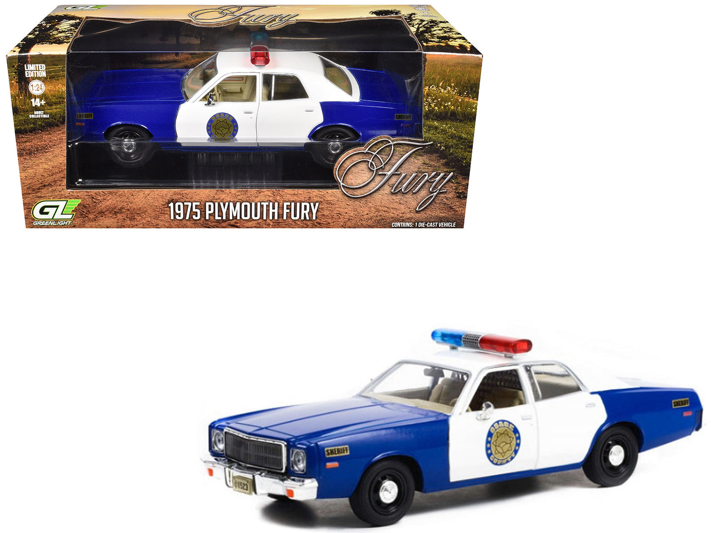 1975 Plymouth Fury "Osage County Sheriff" Blue and White 1/24 Diecast Model Car