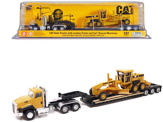 CAT Caterpillar CT660 Day Cab Tractor Yellow with Lowboy Trailer and CAT 163H Motor Grader Yellow 1/87 (HO) Diecast Model