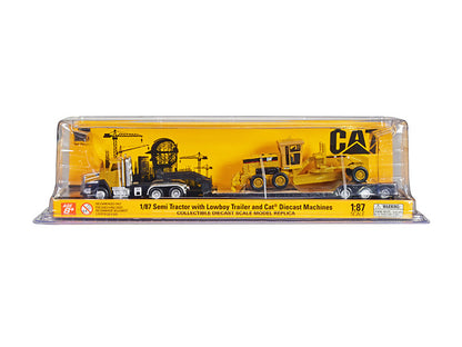 CAT Caterpillar CT660 Day Cab Tractor Yellow with Lowboy Trailer and CAT 163H Motor Grader Yellow 1/87 (HO) Diecast Model
