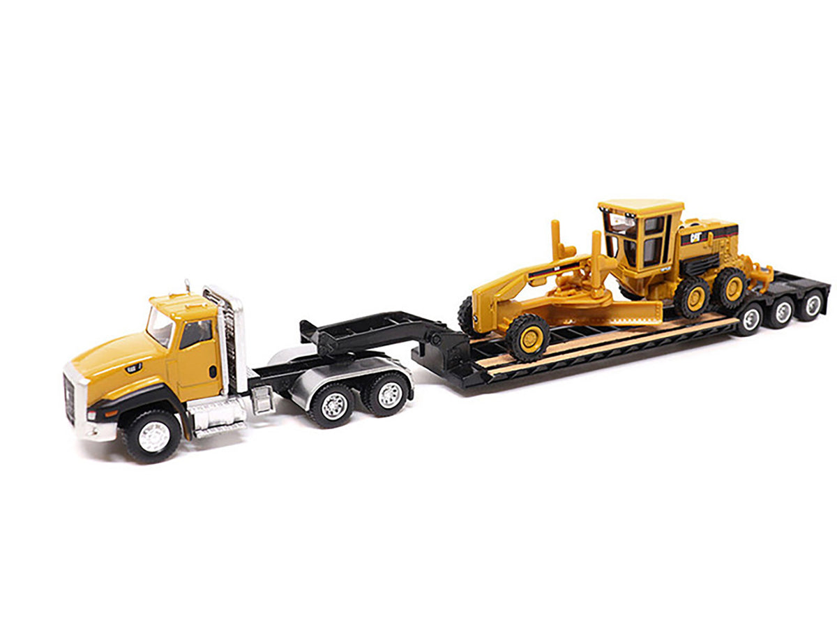 CAT Caterpillar CT660 Day Cab Tractor Yellow with Lowboy Trailer and CAT 163H Motor Grader Yellow 1/87 (HO) Diecast Model
