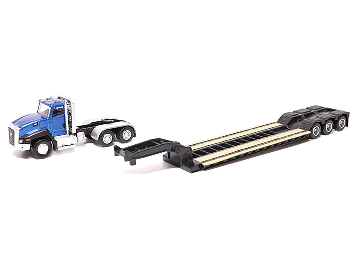 CAT Caterpillar CT660 Day Cab Tractor Blue Metallic with Lowboy Trailer and CAT 315C L Hydraulic Excavator Yellow 1/87 (HO) Diecast Model
