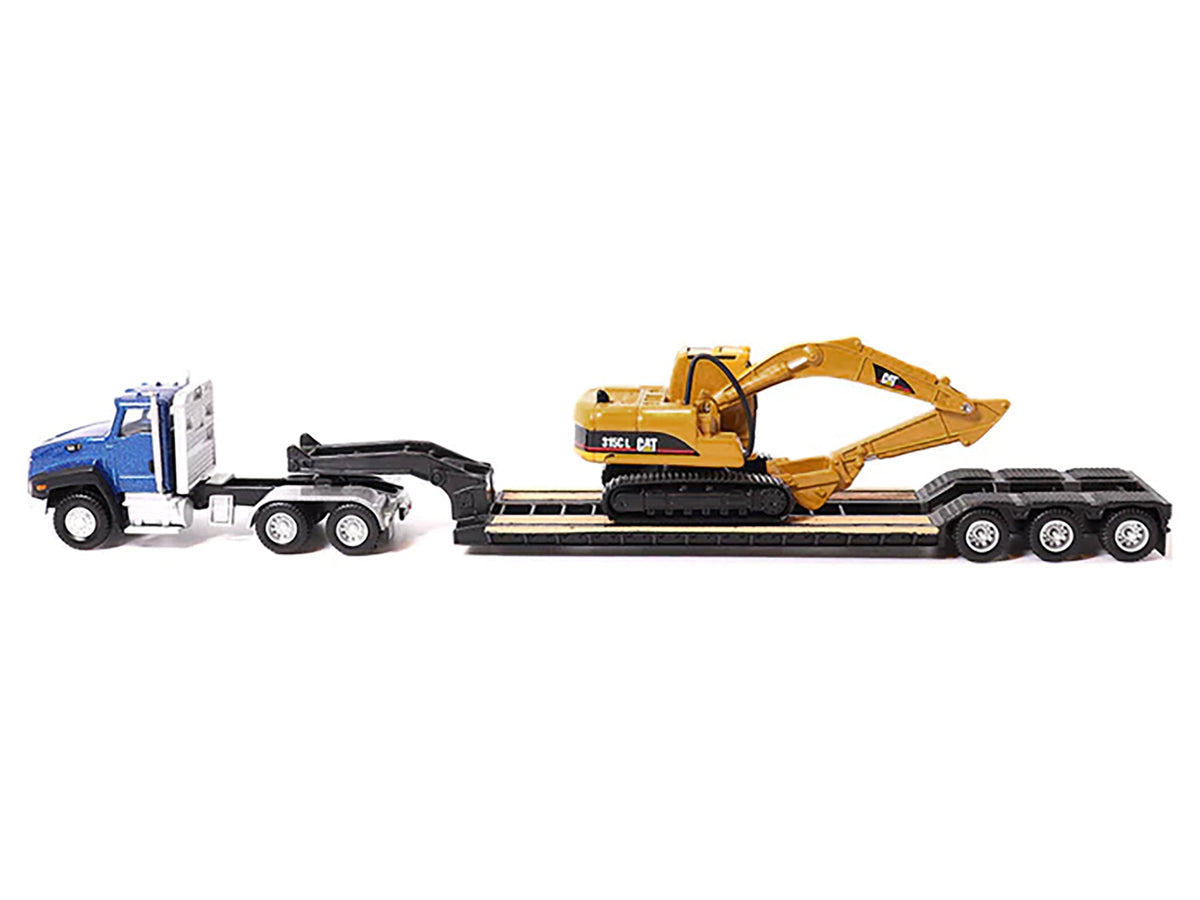 CAT Caterpillar CT660 Day Cab Tractor Blue Metallic with Lowboy Trailer and CAT 315C L Hydraulic Excavator Yellow 1/87 (HO) Diecast Model