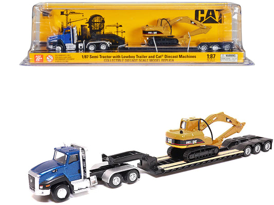 CAT Caterpillar CT660 Day Cab Tractor Blue Metallic with Lowboy Trailer and CAT 315C L Hydraulic Excavator Yellow 1/87 (HO) Diecast Model