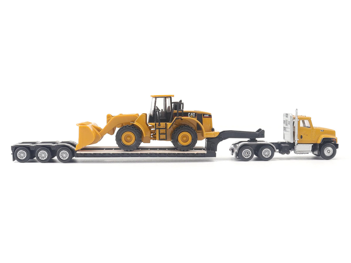 CAT Caterpillar CT681 Day Cab Tractor Yellow with Lowboy Trailer and CAT 950G Wheel Loader Yellow 1/87 (HO) Diecast Model