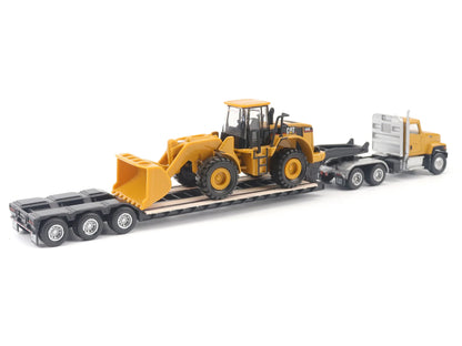 CAT Caterpillar CT681 Day Cab Tractor Yellow with Lowboy Trailer and CAT 950G Wheel Loader Yellow 1/87 (HO) Diecast Model