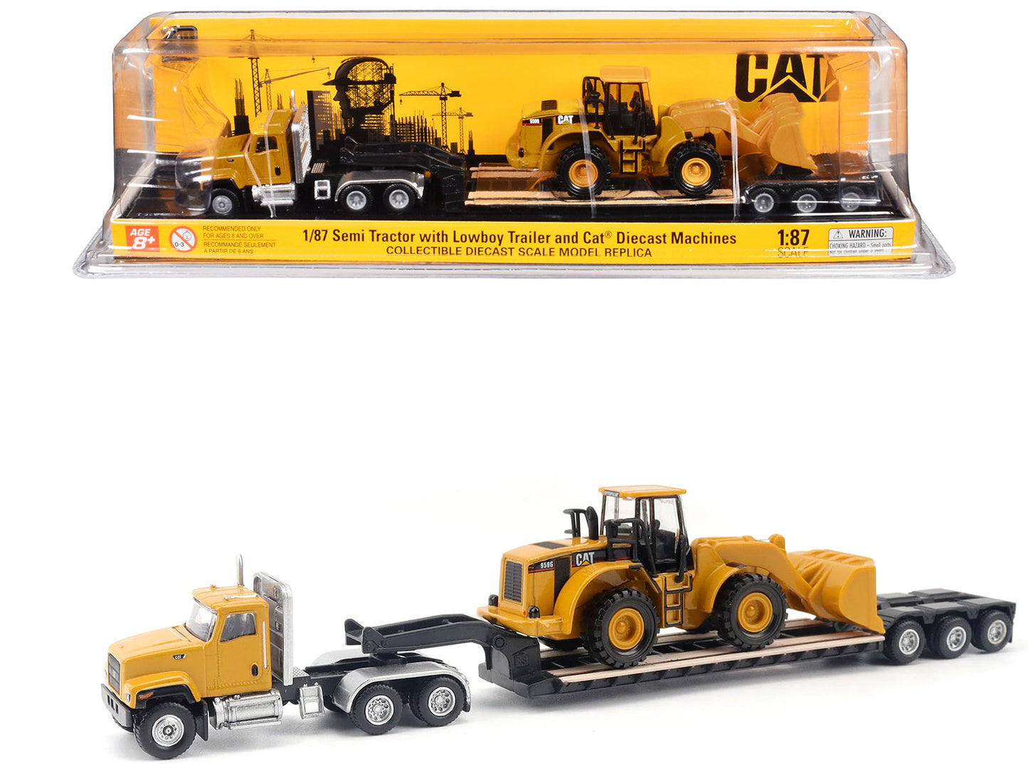 CAT Caterpillar CT681 Day Cab Tractor Yellow with Lowboy Trailer and CAT 950G Wheel Loader Yellow 1/87 (HO) Diecast Model