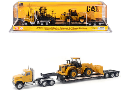 CAT Caterpillar CT681 Day Cab Tractor Yellow with Lowboy Trailer and CAT 950G Wheel Loader Yellow 1/87 (HO) Diecast Model