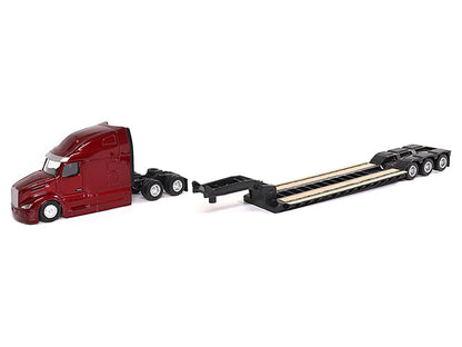 Peterbilt 579 UltraLoft Tandem Tractor Red Metallic with Lowboy Trailer and CAT D5M Dozer Yellow 1/87 (HO) Diecast Model