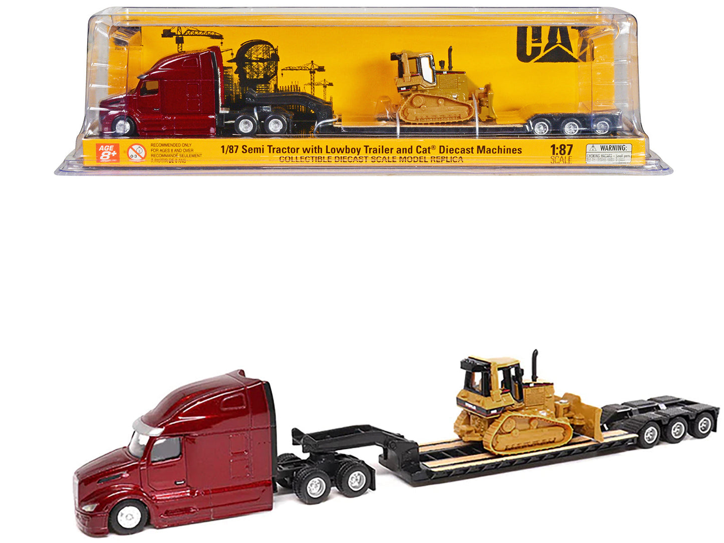 Peterbilt 579 UltraLoft Tandem Tractor Red Metallic with Lowboy Trailer and CAT D5M Dozer Yellow 1/87 (HO) Diecast Model