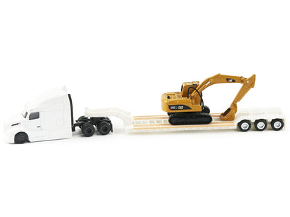 Peterbilt 579 Tractor White with Lowboy Trailer and CAT 315C Excavator Yellow 1/87 (HO) Diecast Model