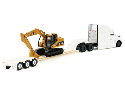 Peterbilt 579 Tractor White with Lowboy Trailer and CAT 315C Excavator Yellow 1/87 (HO) Diecast Model