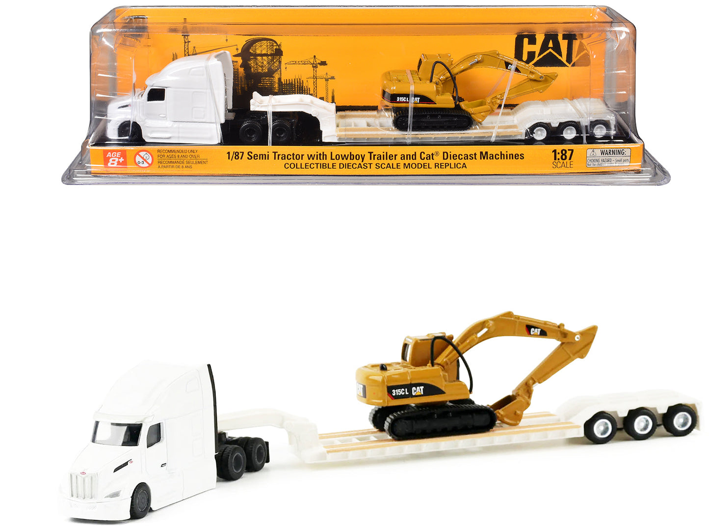 Peterbilt 579 Tractor White with Lowboy Trailer and CAT 315C Excavator Yellow 1/87 (HO) Diecast Model