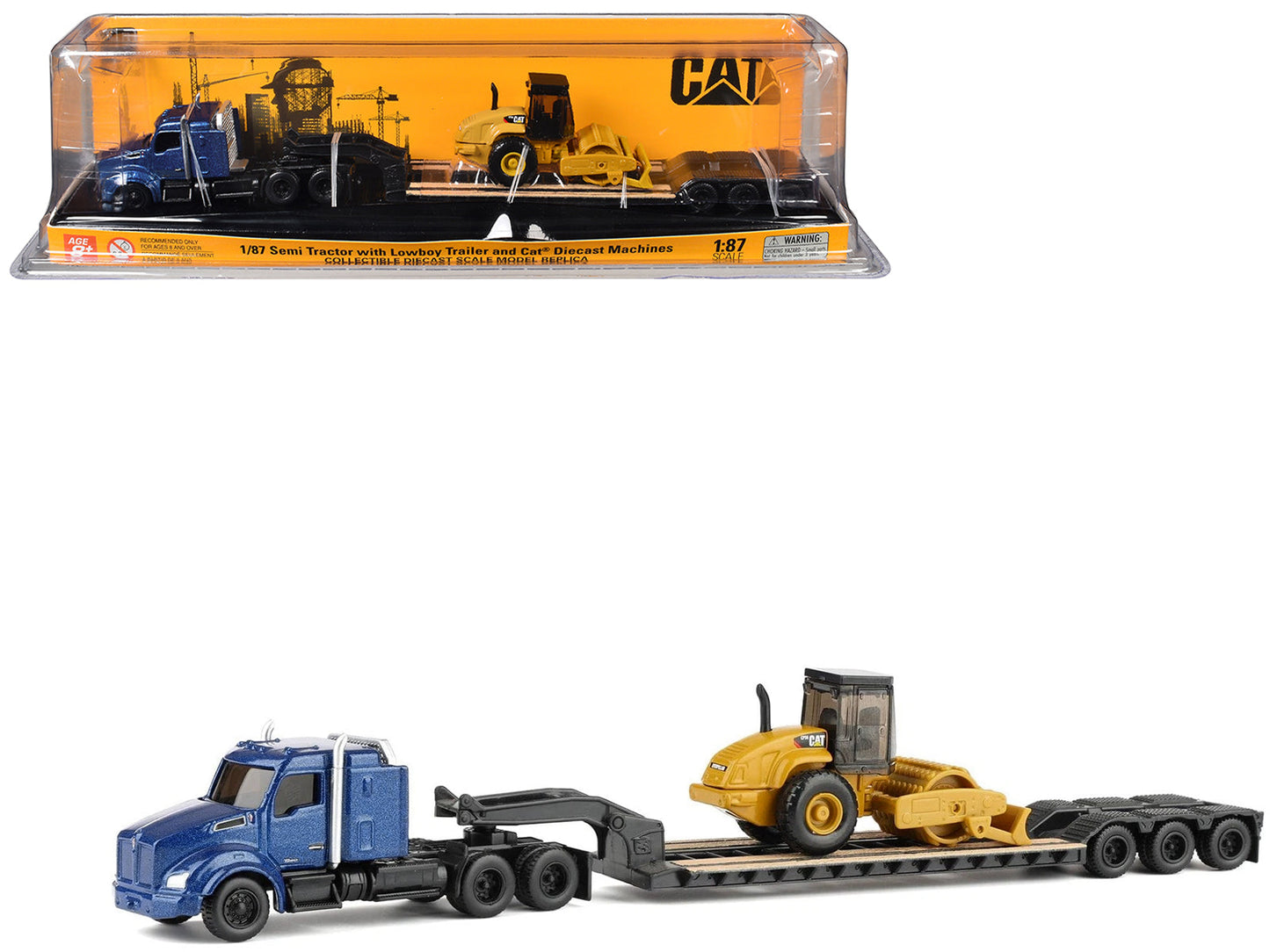 Kenworth T880 Tractor Blue Metallic with Lowboy Trailer and CAT Padfoot Roller Yellow 1/87 (HO) Diecast Model