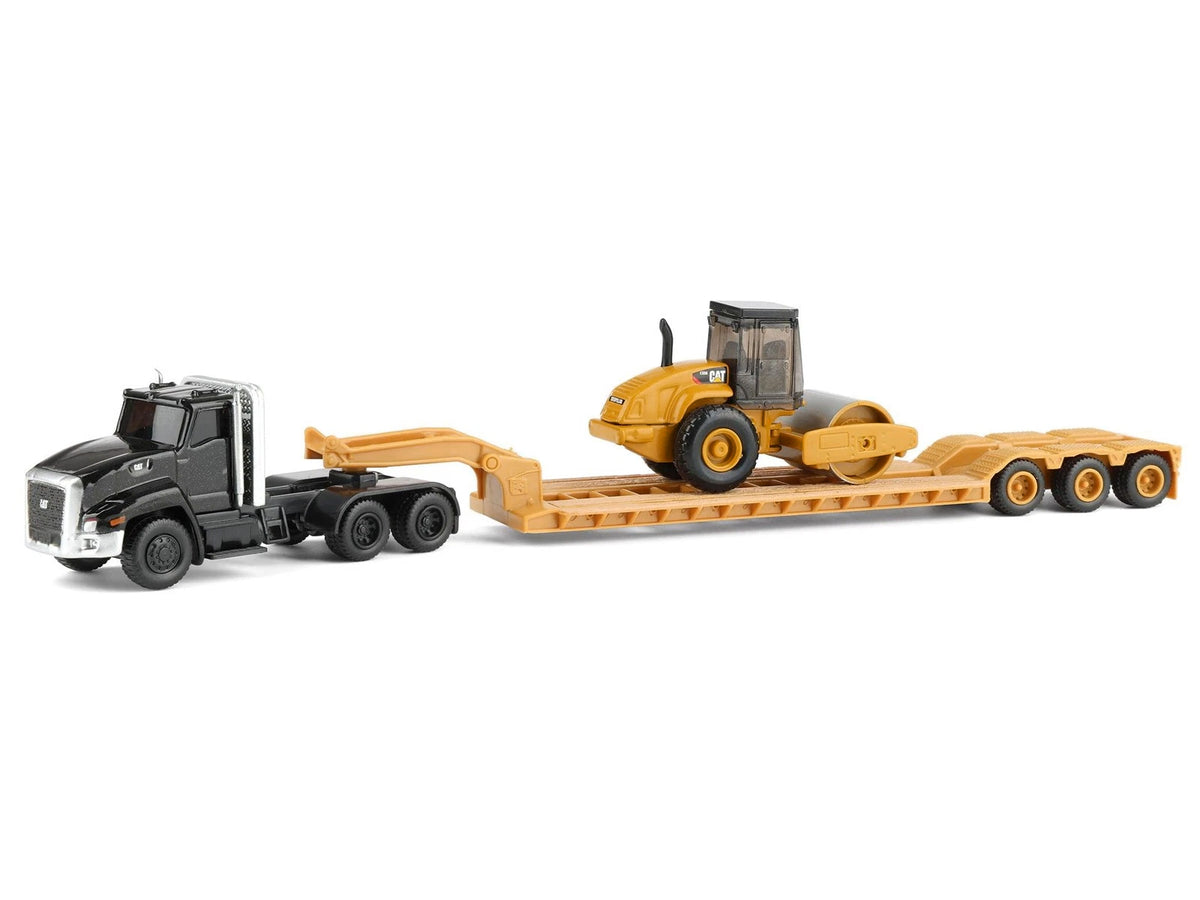 Kenworth T880 Tractor Black with Lowboy Trailer and CAT Roller Yellow 1/87 (HO) Diecast Model