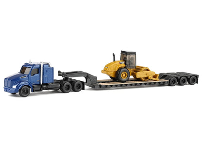 Kenworth T880 Tractor Blue Metallic with Lowboy Trailer and CAT Padfoot Roller Yellow 1/87 (HO) Diecast Model