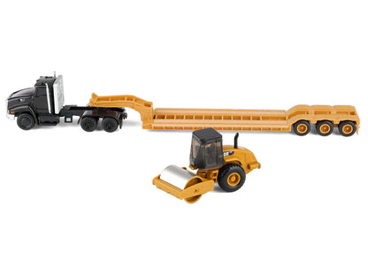 Kenworth T880 Tractor Black with Lowboy Trailer and CAT Roller Yellow 1/87 (HO) Diecast Model